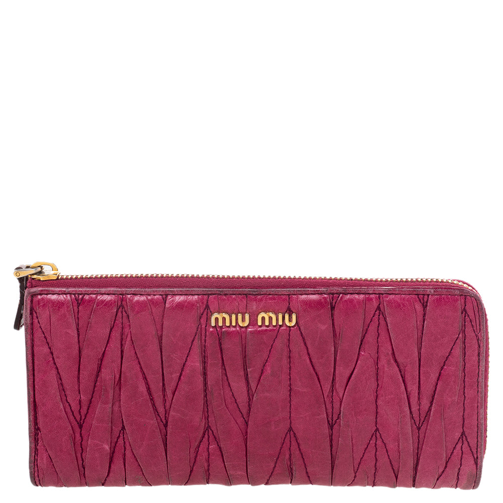 Miu Miu Pink Leather Matelass&eacute; Zip Around Wallet