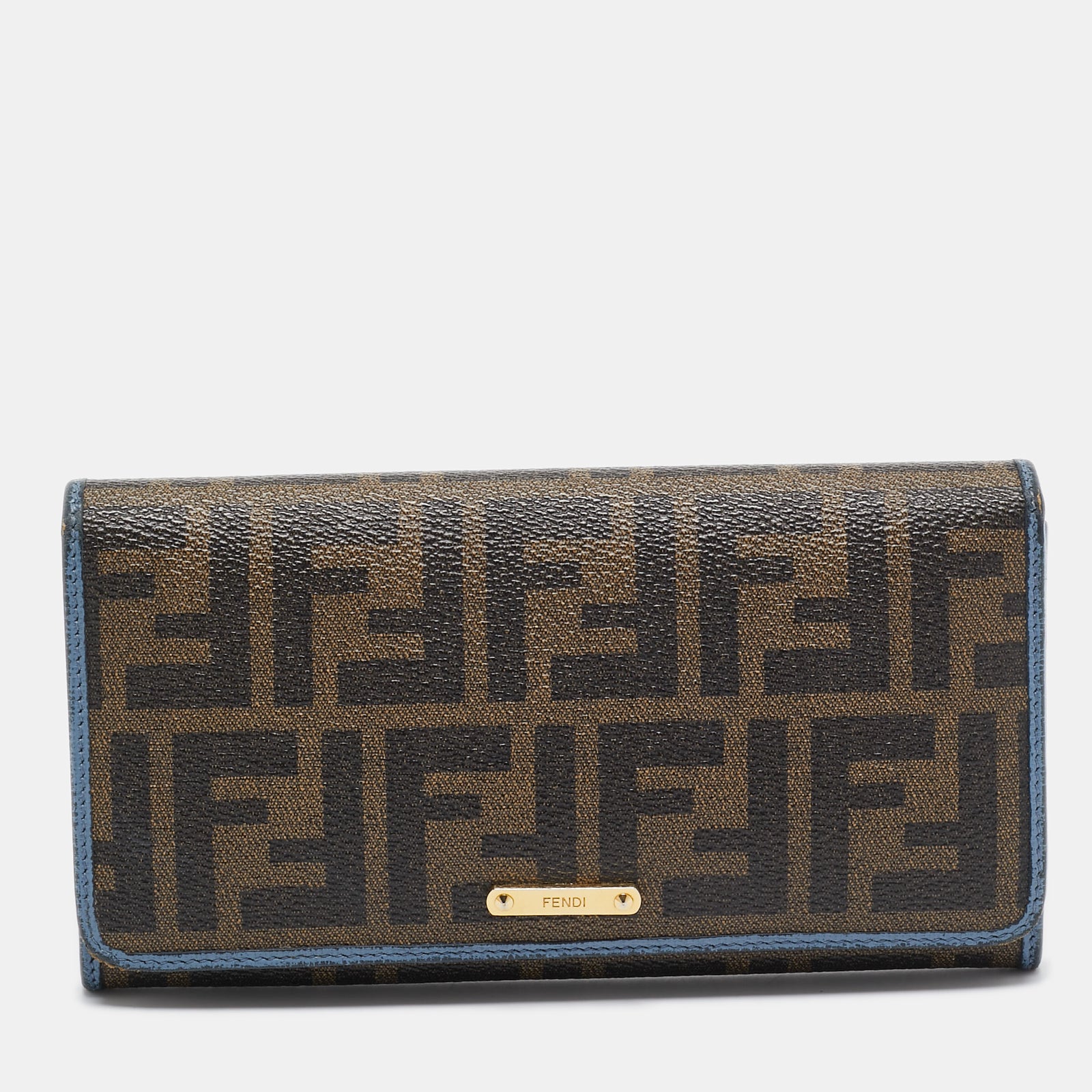 Fendi Brown/Blue Zucca Coated Canvas and Leather Flap Continental Wallet