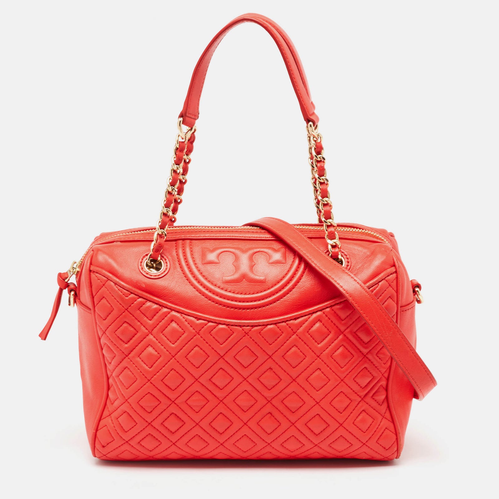 Tory Burch Red Quilted Leather Fleming Duffel Bag