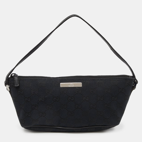 Black GG Canvas and Leather Baguette Bag