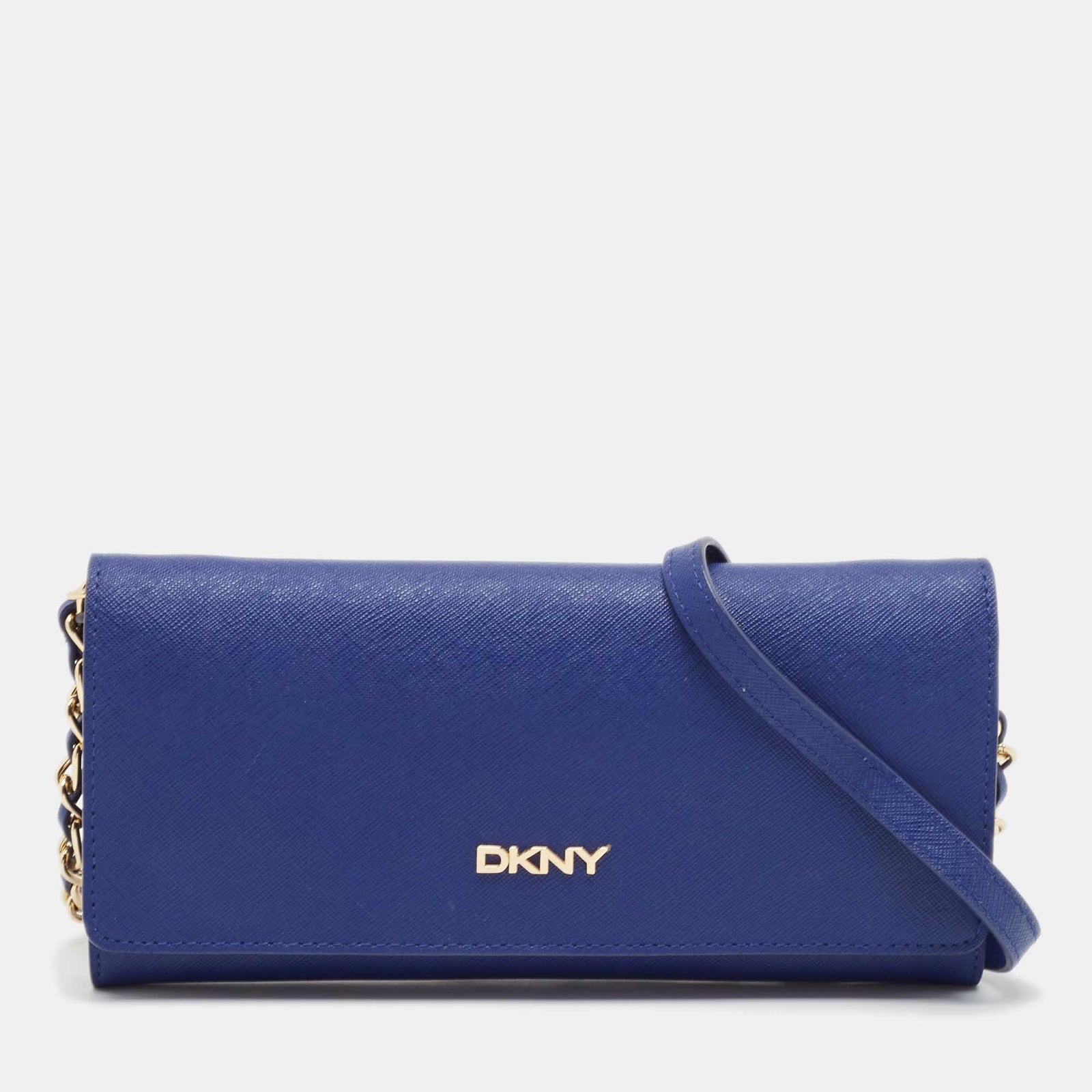 DKNY Blue Leather Logo Flap Wallet On Chain