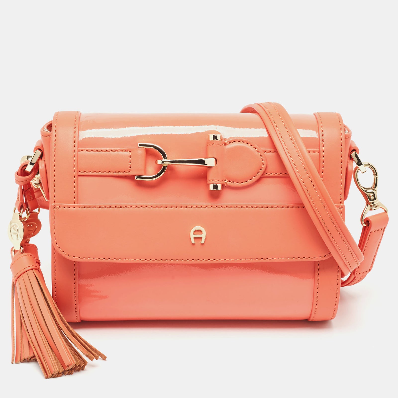 Aigner Peach Patent and Leather Clasp Flap Shoulder Bag