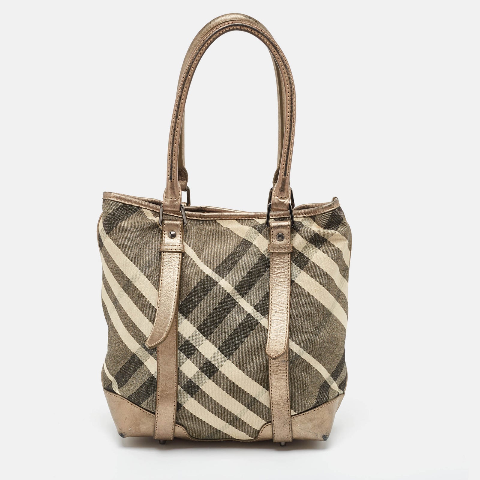 Burberry Metallic Beat Check Shimmer Canvas and Leather Snap Tote