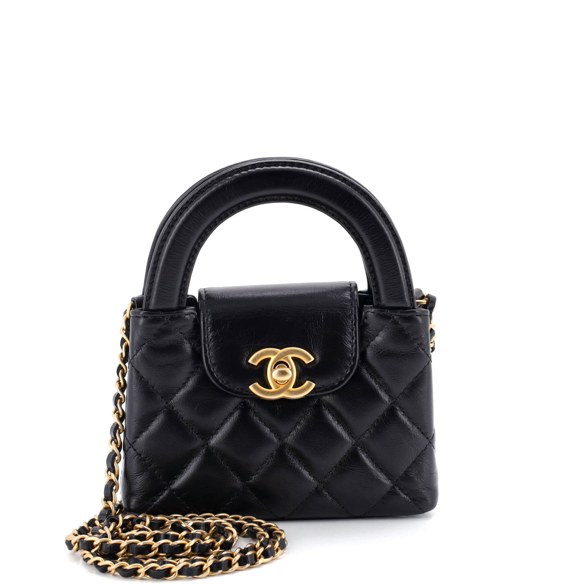 Chanel CHANEL Kelly Top Handle Shopping Bag Quilted Shiny Aged Calfskin Nano