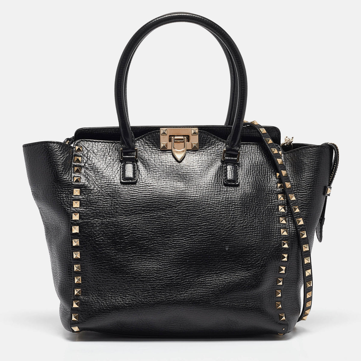Valentino Black Leather Small Rockstud Trapeze Tote