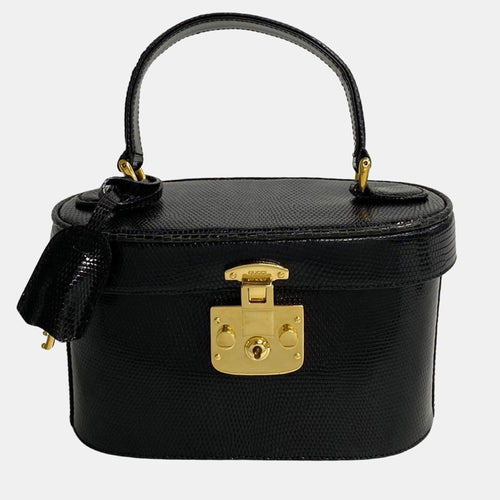 Black Lizard Leather Vanity Style Small Top Handle Bag