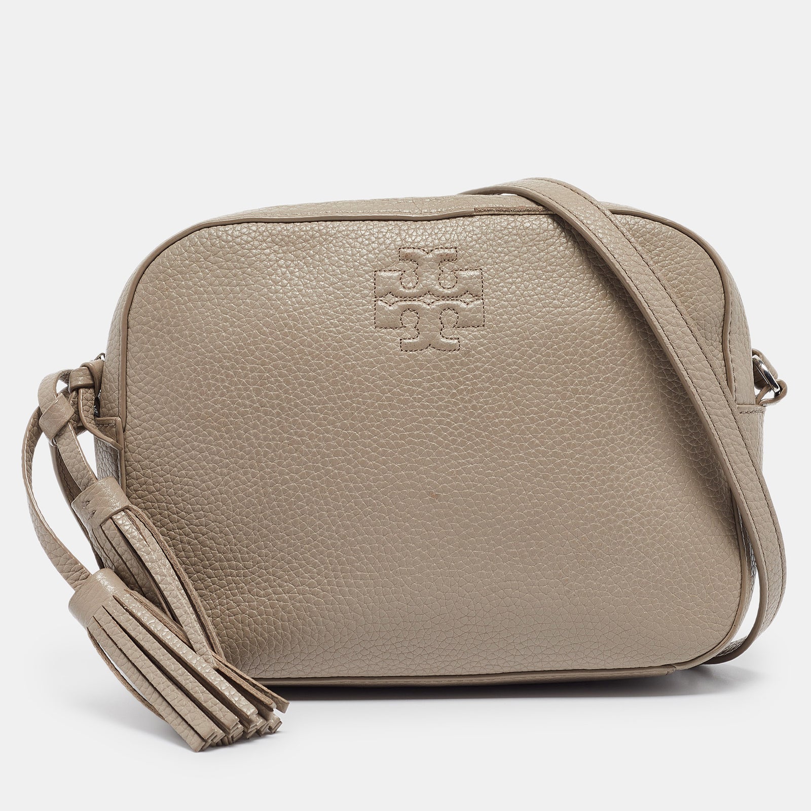 Tory Burch Thea Camera Umhängetasche aus gekrispeltem Leder in Grau