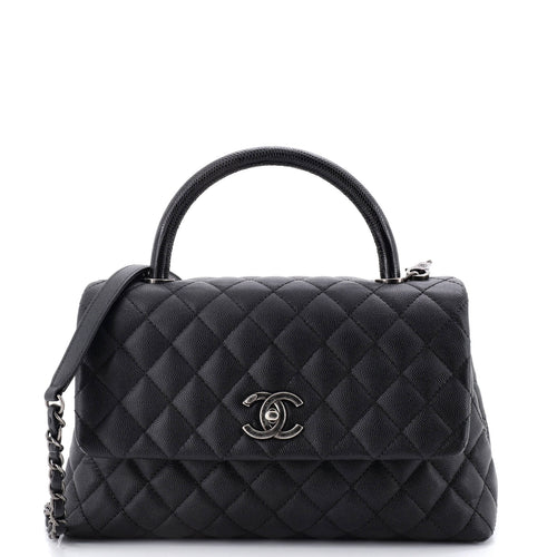CHANEL Coco Top Handle Bag Quilted Caviar with Lizard Embossed Handle Small