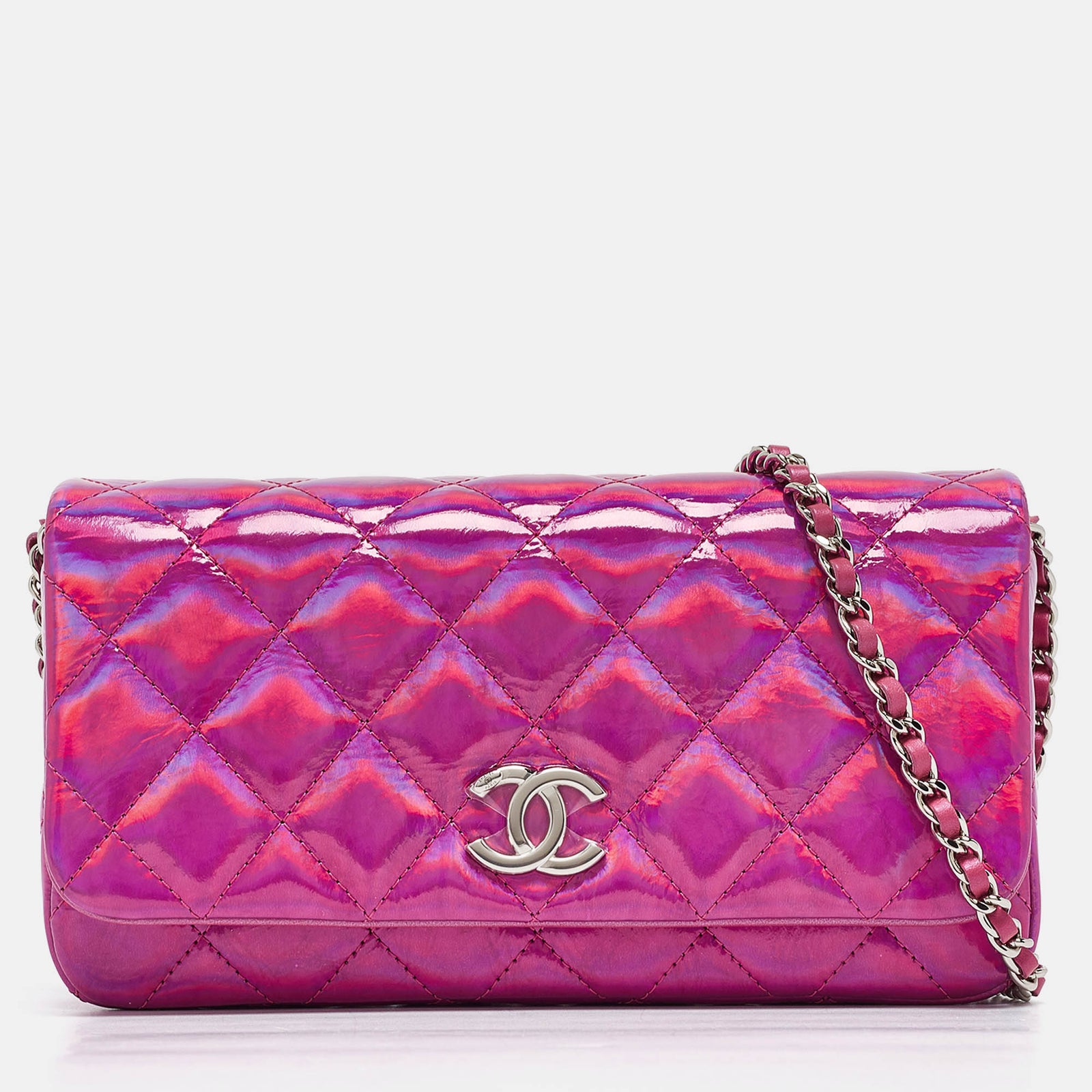 Chanel Rosa schillernde gesteppte CC-Clutch aus Lackleder mit Kette