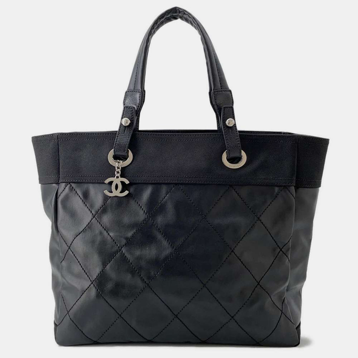 Chanel Black Leather Canvas Paris-Biarritz Tote Bag Size MM