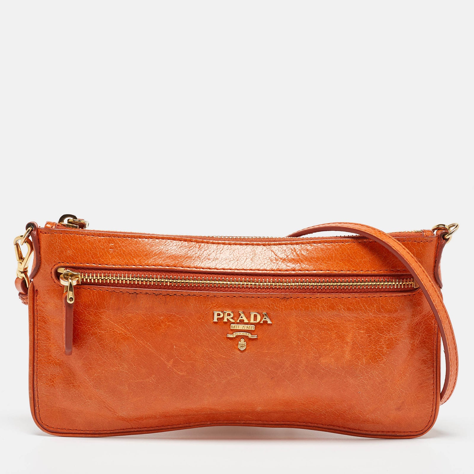 Prada Orange Leather Zip Crossbody Bag