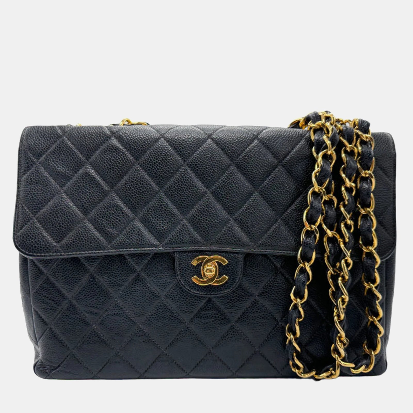 Chanel Sac à bandoulière à rabat simple en cuir caviar noir Jumbo Classic