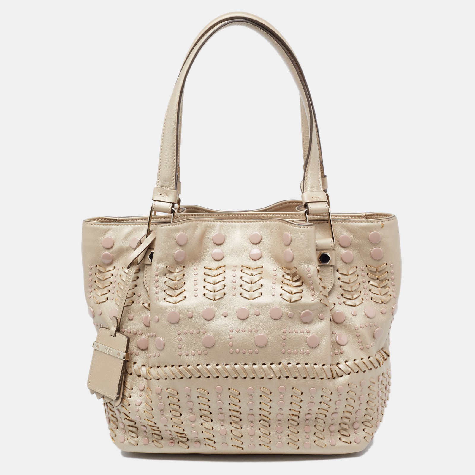 Tod's Metallic Beige Leather Studded Flower Tote