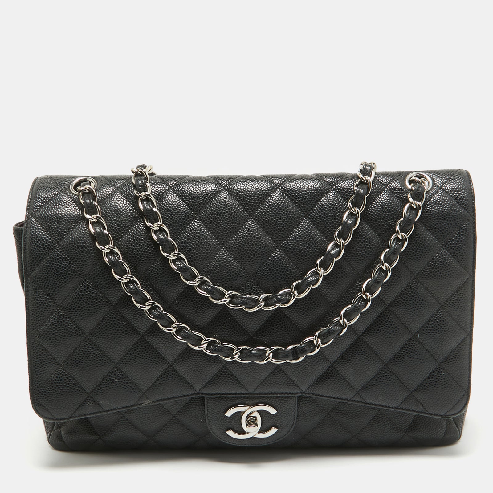 Chanel Schwarze, gesteppte Maxi-Klassiker-Tasche mit Doppelklappe aus Kaviarleder