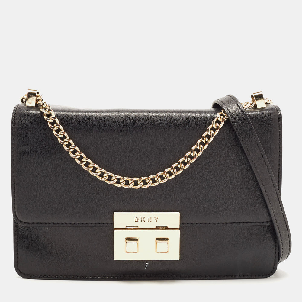 DKNY Black Leather Pushlock Flap Chain Crossbody Bag