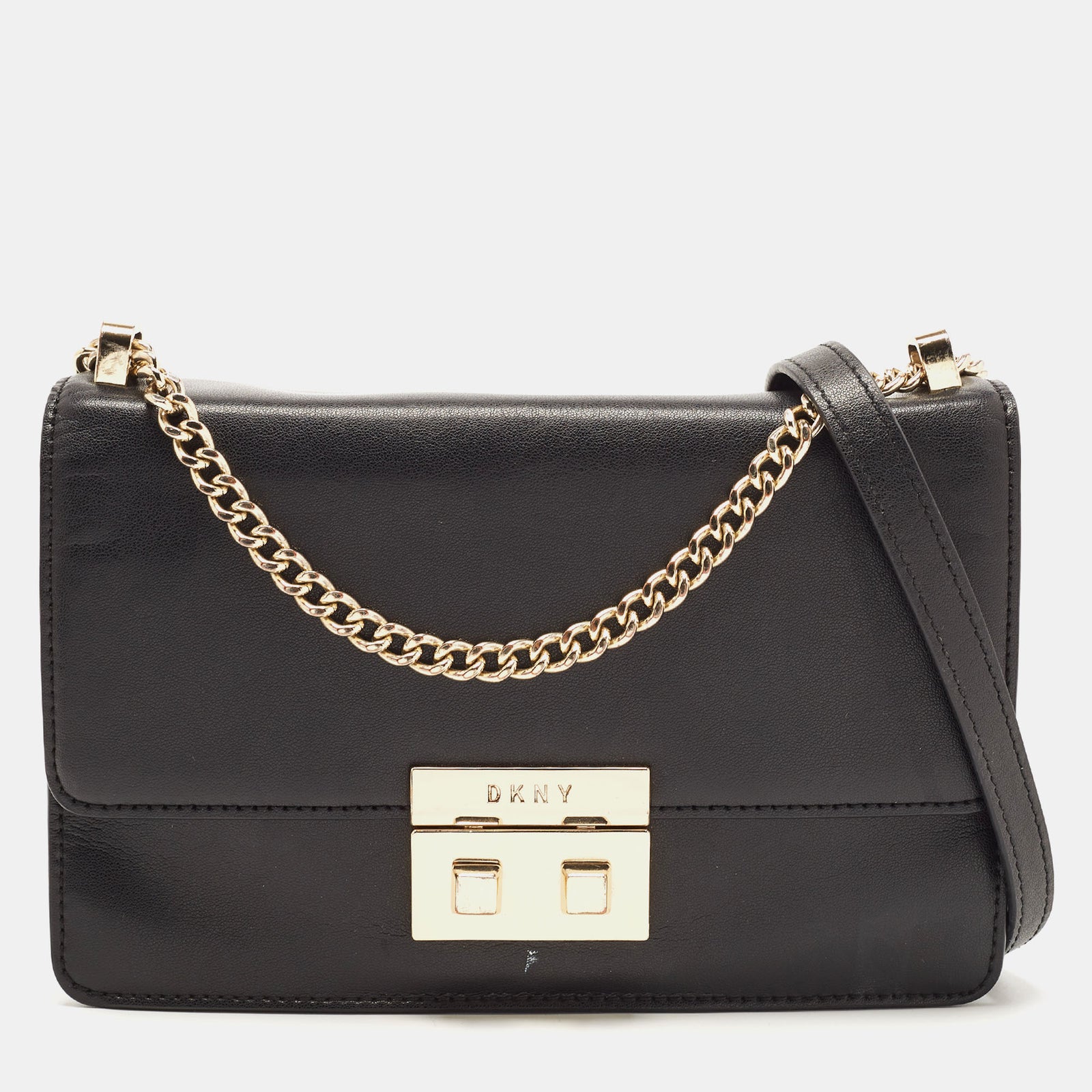 DKNY DKNY Black Leather Pushlock Flap Chain Crossbody Bag