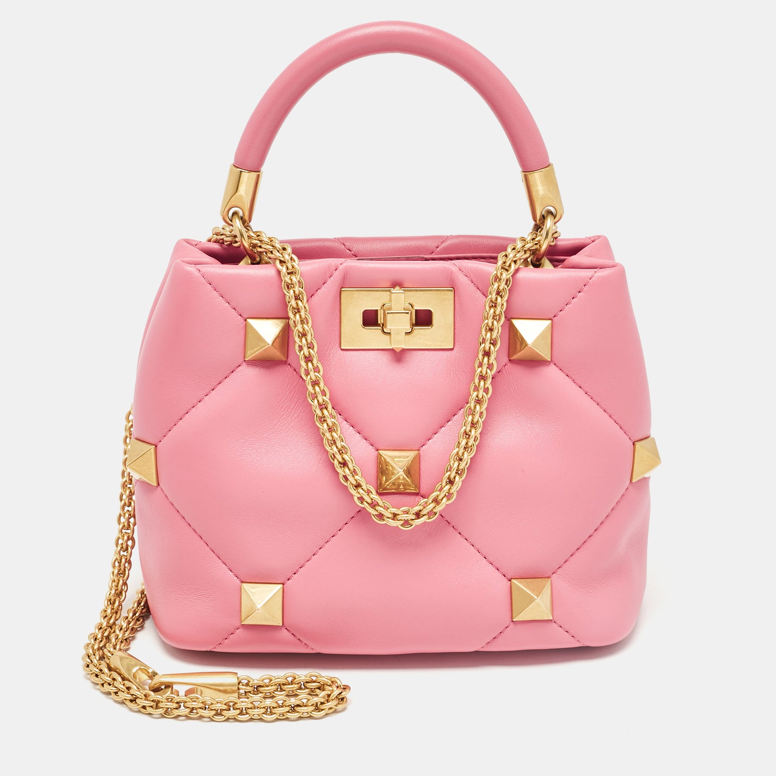 Valentino Pink Quilted Leather Small Roman Stud Top Handle Bag