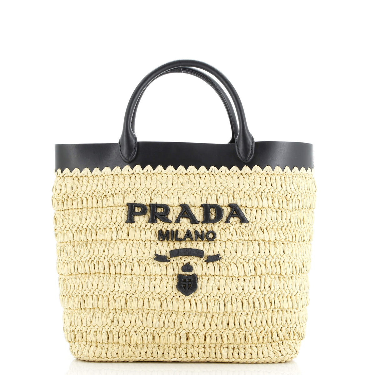 Prada PRADA Logo Shopping Tote Raffia and Leather Small