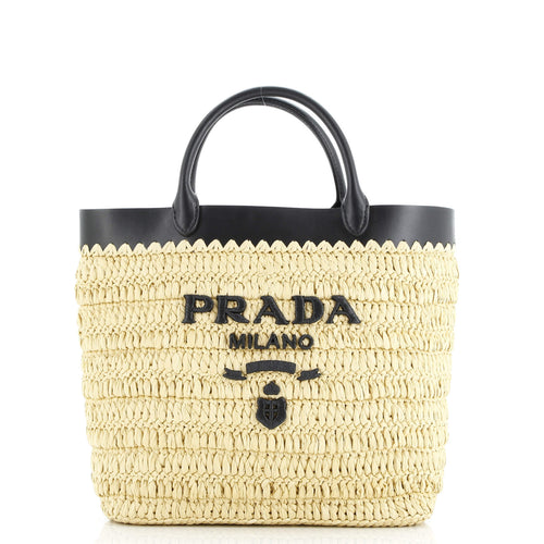 PRADA Logo Shopping Tote Raffia and Leather Small