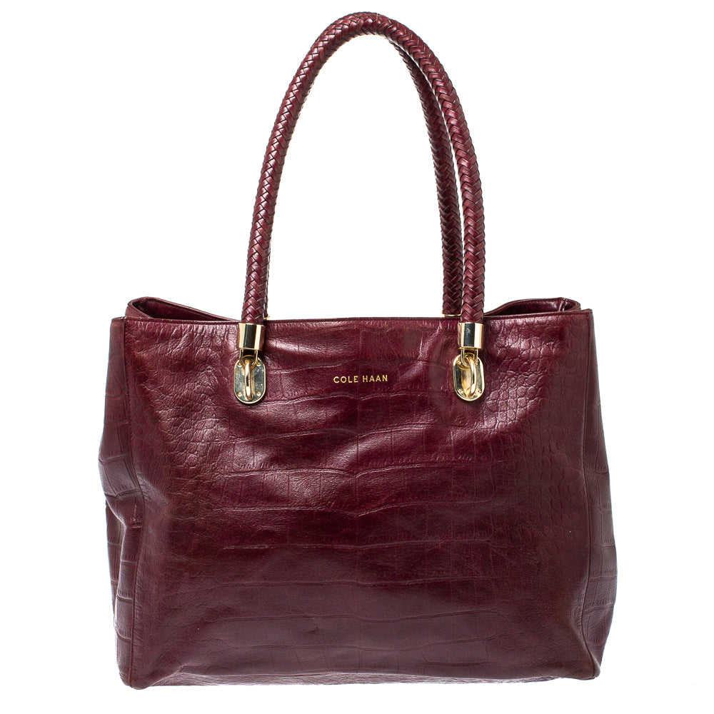 Cole Haan Burgundy Croc Embossed Leather Tote