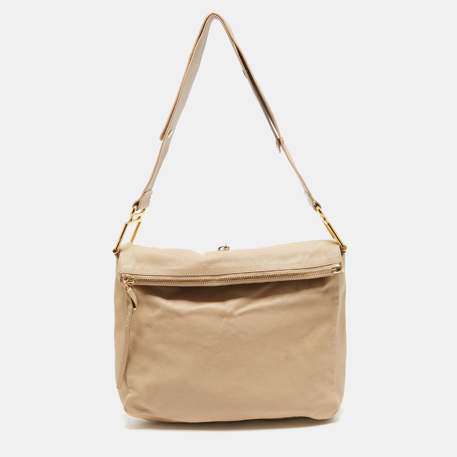 Chloe Beige Leather Zip Fold Over Shoulder Bag