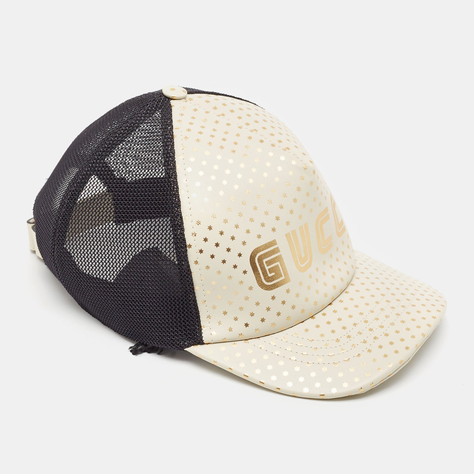 Gucci Off White Stars Logo Print Leather & Nylon Baseball Cap L