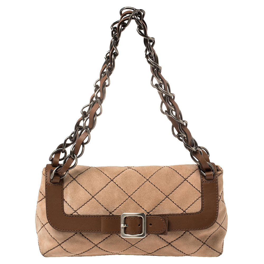 Beige/Brown Suede And Leather Buckle Flap Shoulder Bag