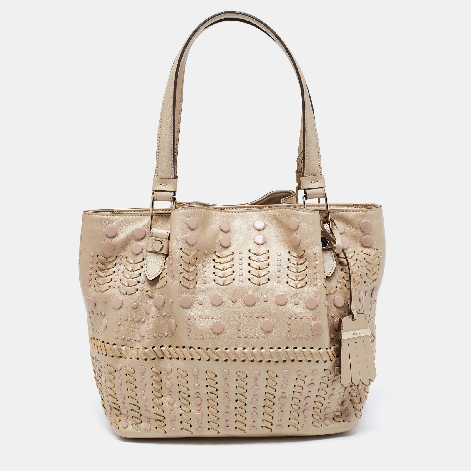 Tod's Metallic Beige Leather Small Studded Flower Tote