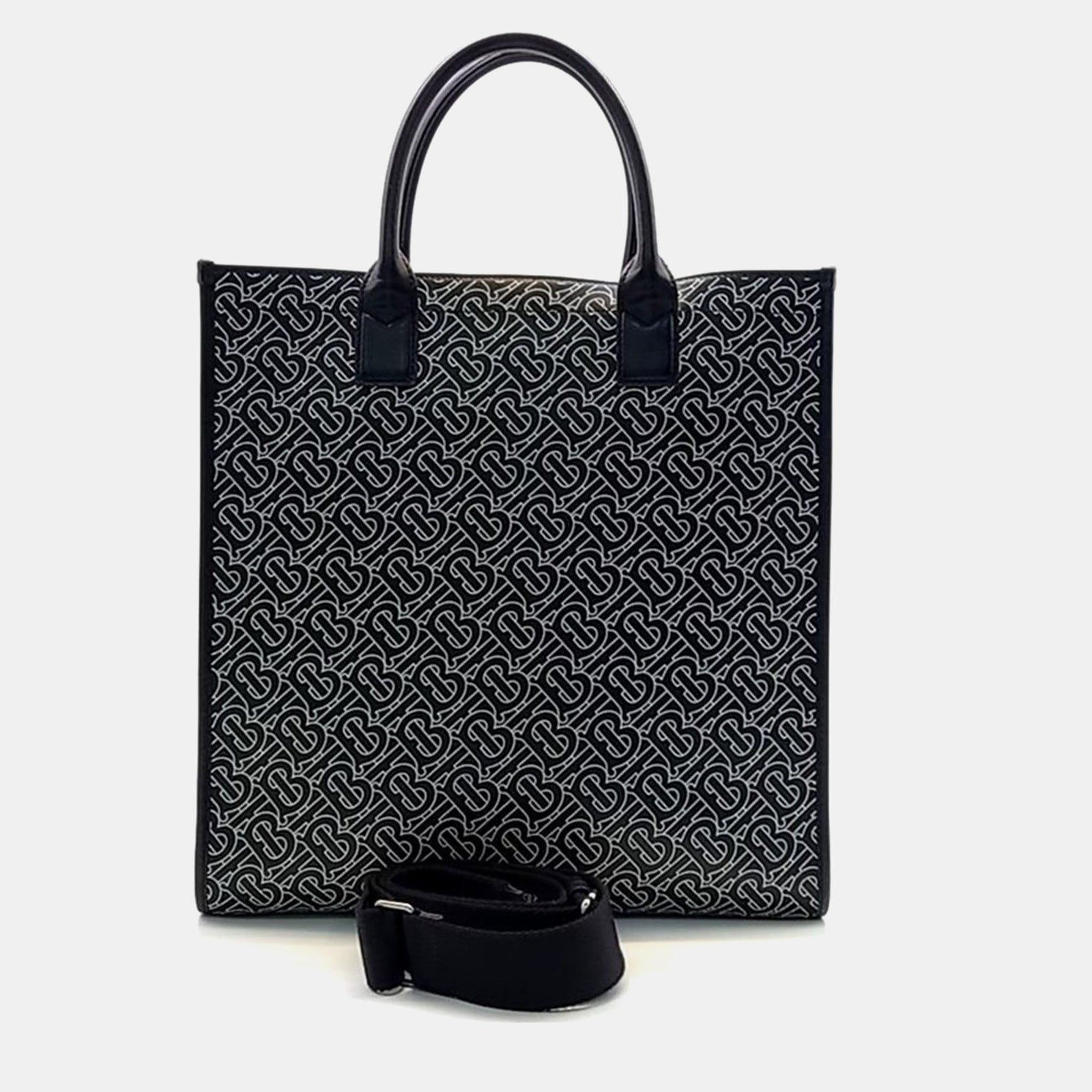 Burberry Black/White TB Logo Leather Vertical Danny Tote