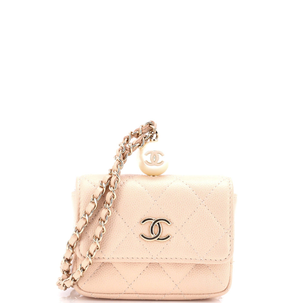 CHANEL CC Pearl Coin Card Holder with Chain Quilted Iridescent Caviar