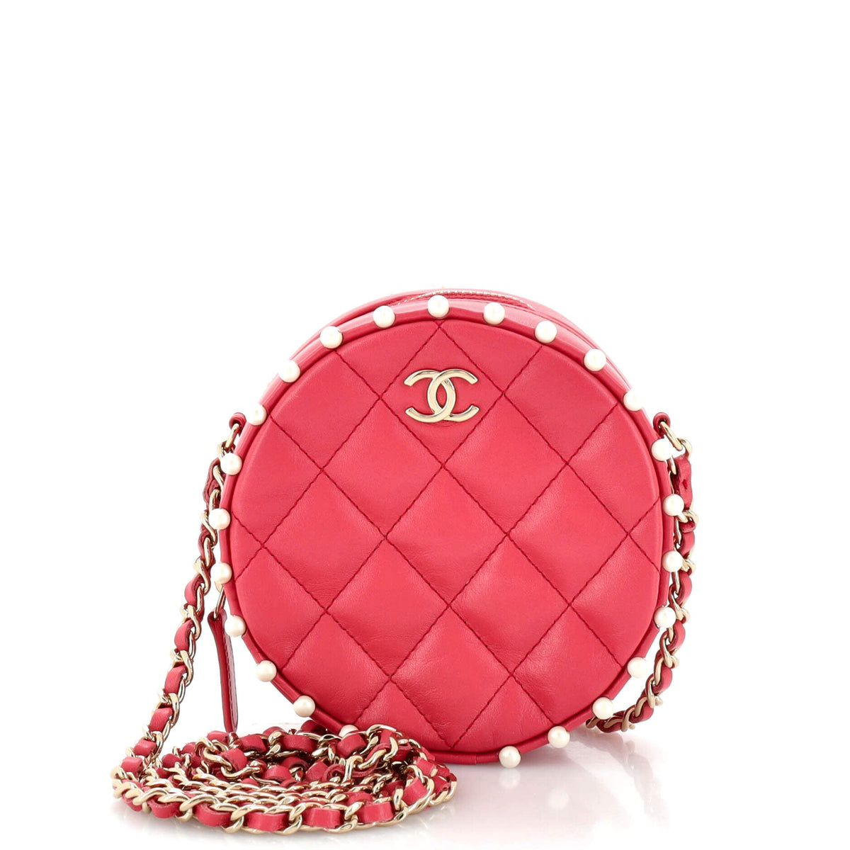 Chanel CHANEL Round Clutch with Chain Quilted Calfskin with Pearl Detail