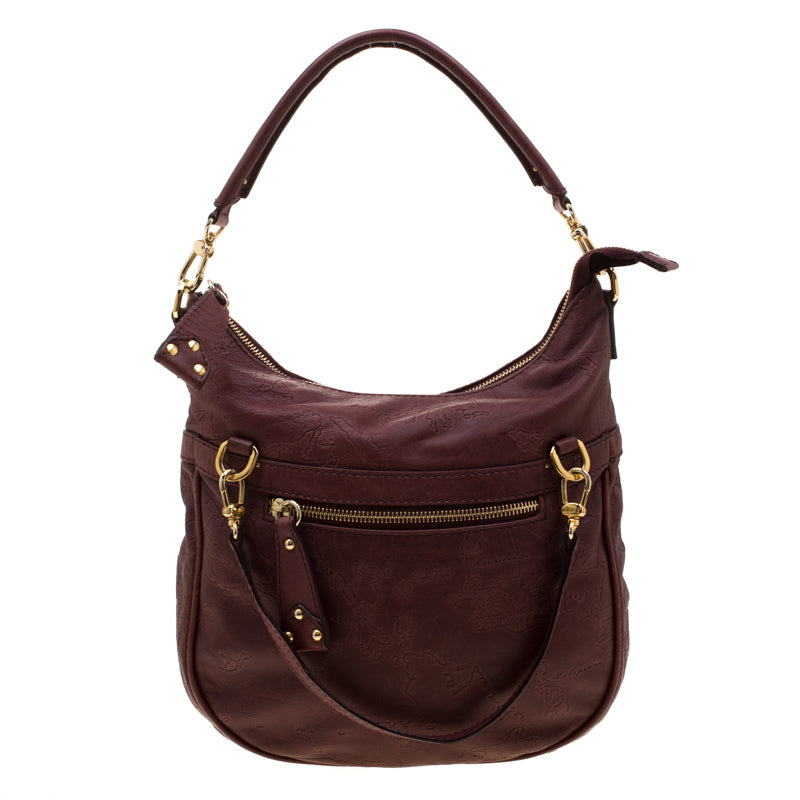 Alviero Martini 1a Classe Marron Map Embossed Leather Shoulder Bag