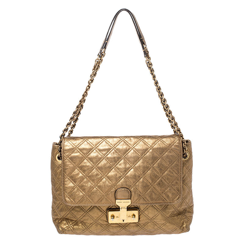 Marc Jacobs Metallic Gold Quilted Leather Flap Shoulder Bag