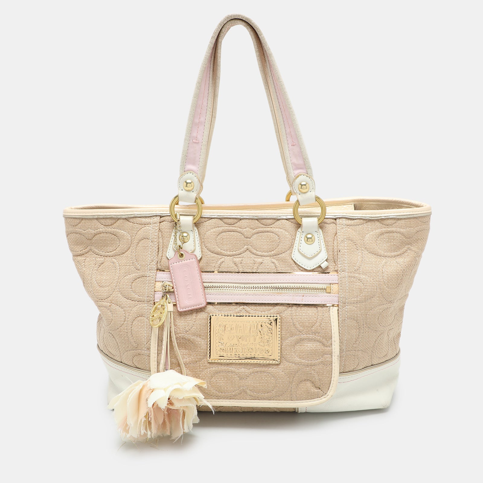 Coach Multicolor Signature Straw and Leather Poppy Tote