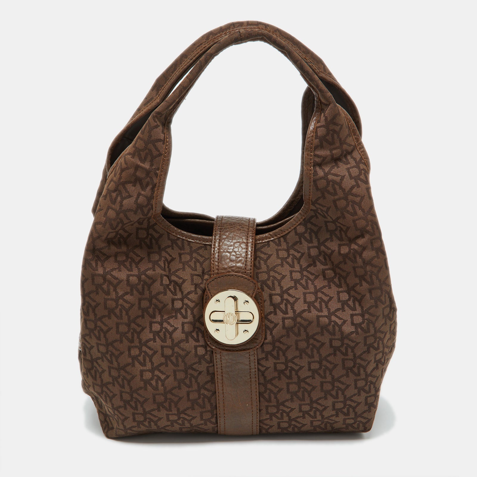 DKNY Brown Signature Canvas and Croc Embossed Leather Push Lock Hobo