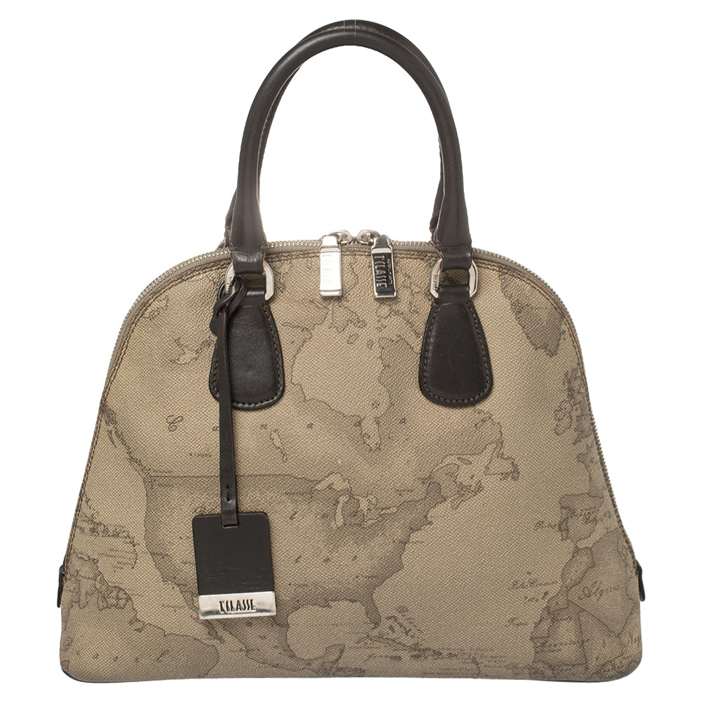 Alviero Martini 1a Classe Grey Geo Print Coated Canvas Dome Satchel