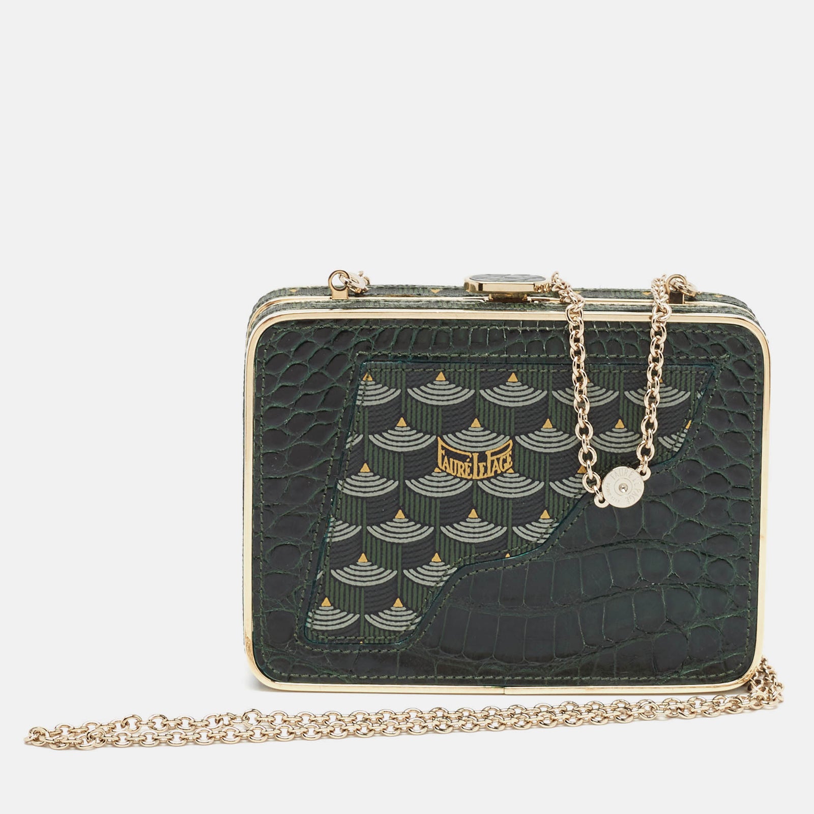 Faure Le Page Green Coated Canvas and Croc Embossed Leather Chain Clutch