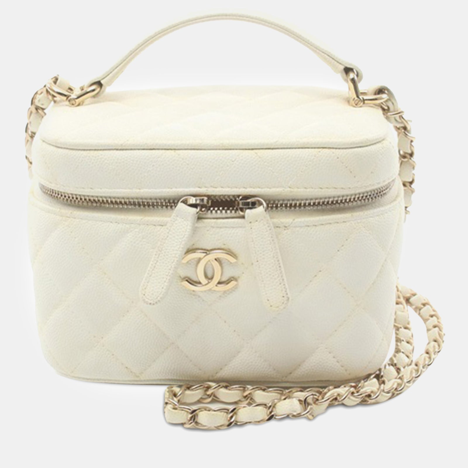 Chanel White Tone Caviar Leather CC Quilted Top Handle Vanity Case Bag