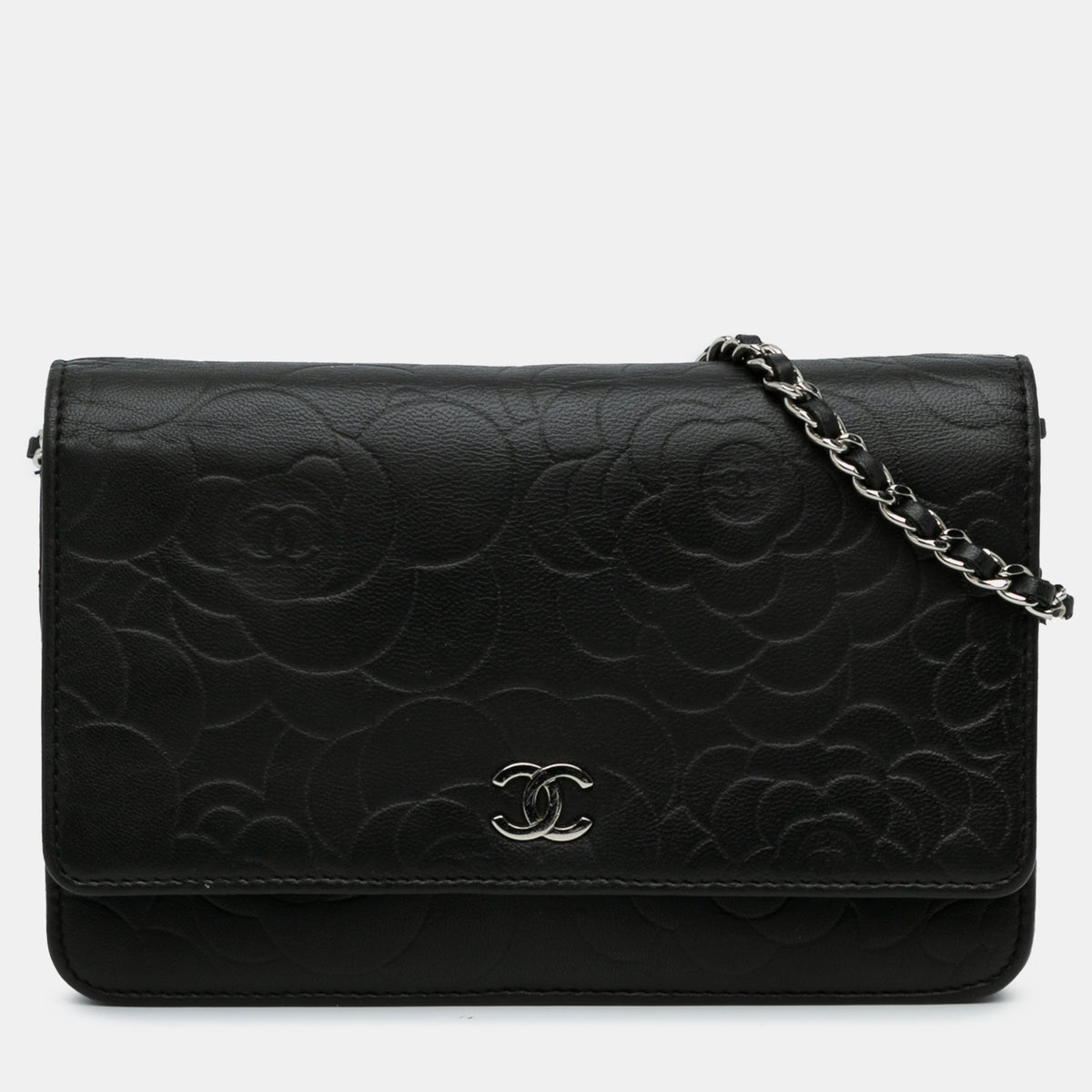 Chanel Lambskin Camellia Embossed Wallet On Chain