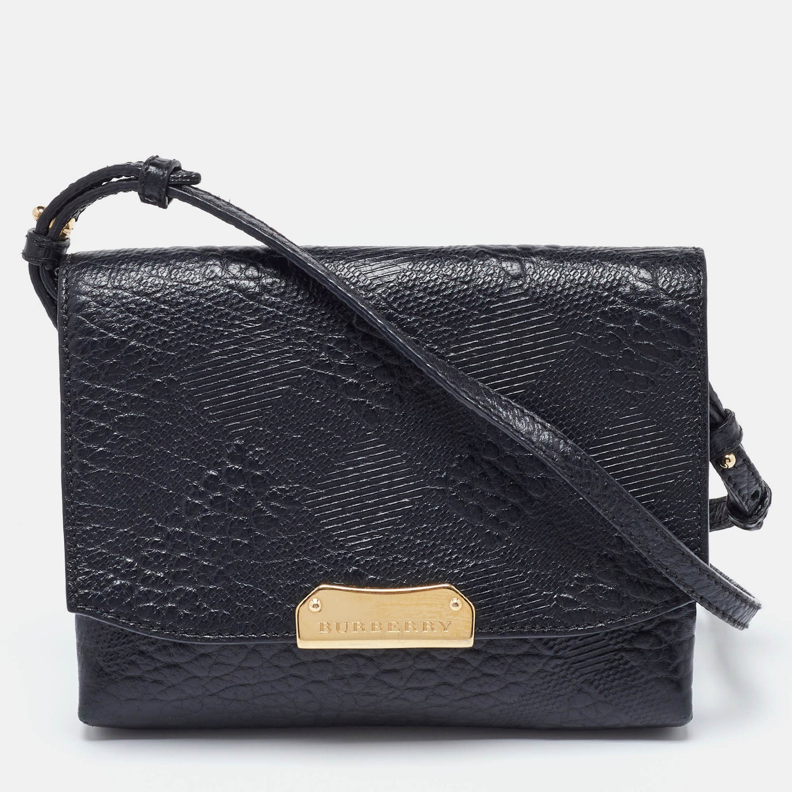 Burberry Black Embossed Check Leather Small Langley Crossbody Bag