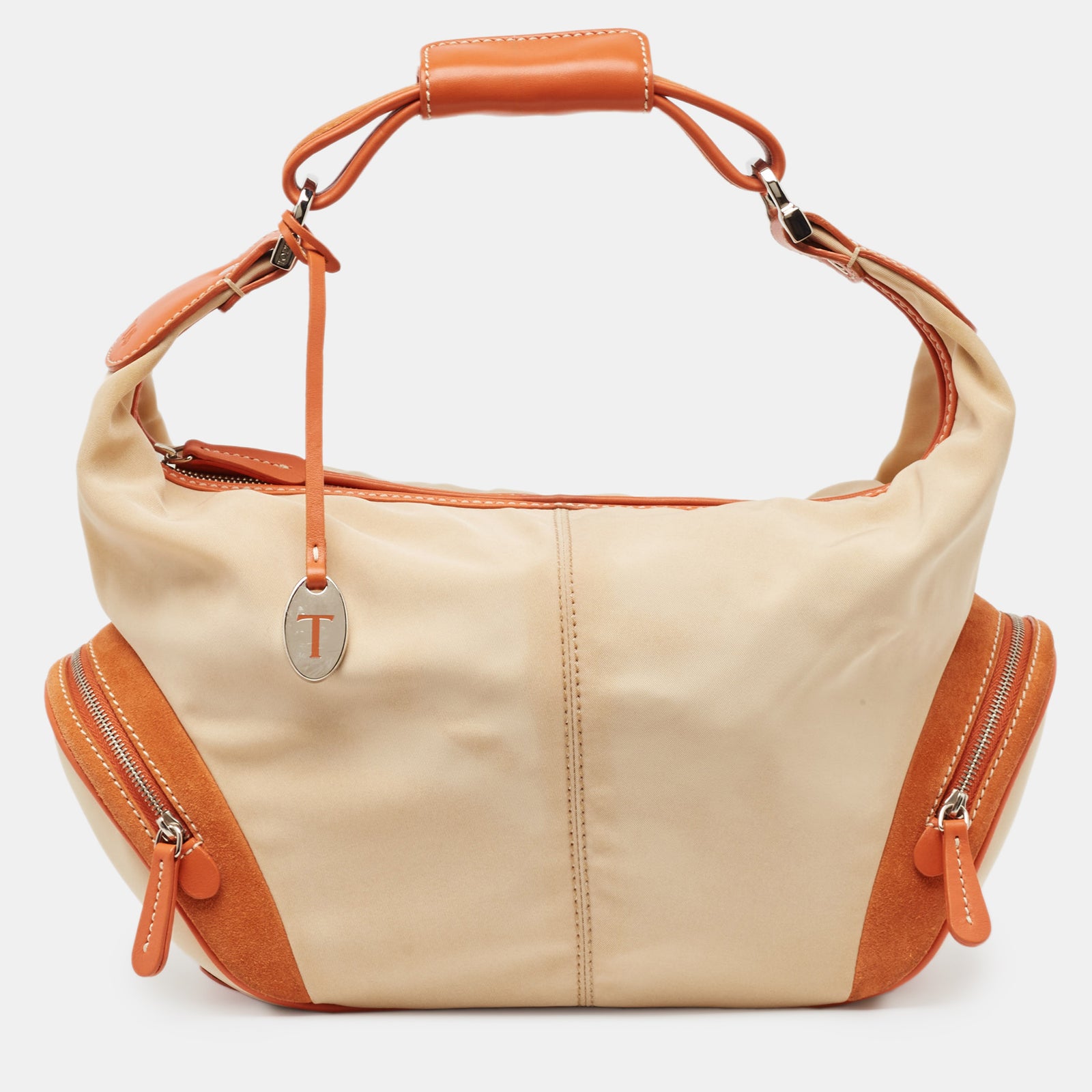 Tod's Beige/Orange Nylon and Leather Charlotte Hobo