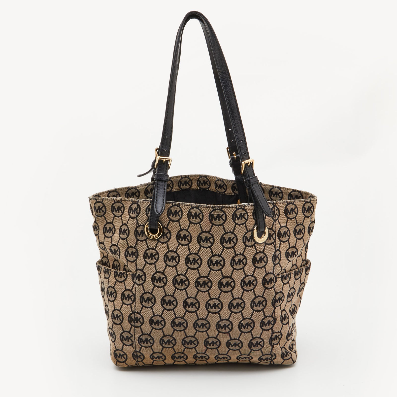 Michael Kors Beige/Black Signature Canvas and Leather Jet Set Tote