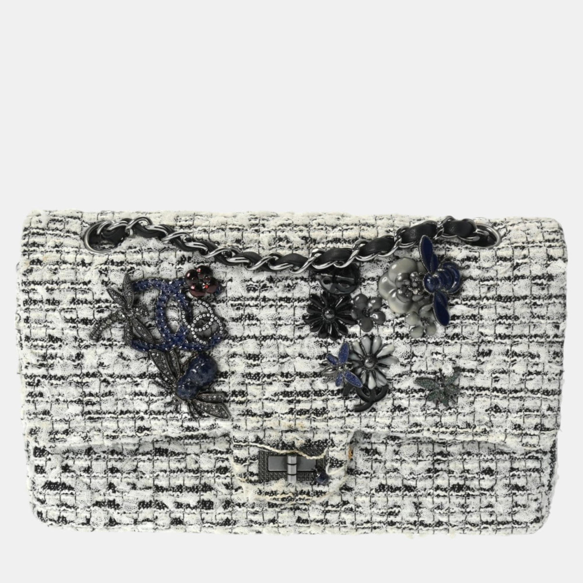 Chanel White Tweed Double Flap Chain Shoulder Bag 25cm