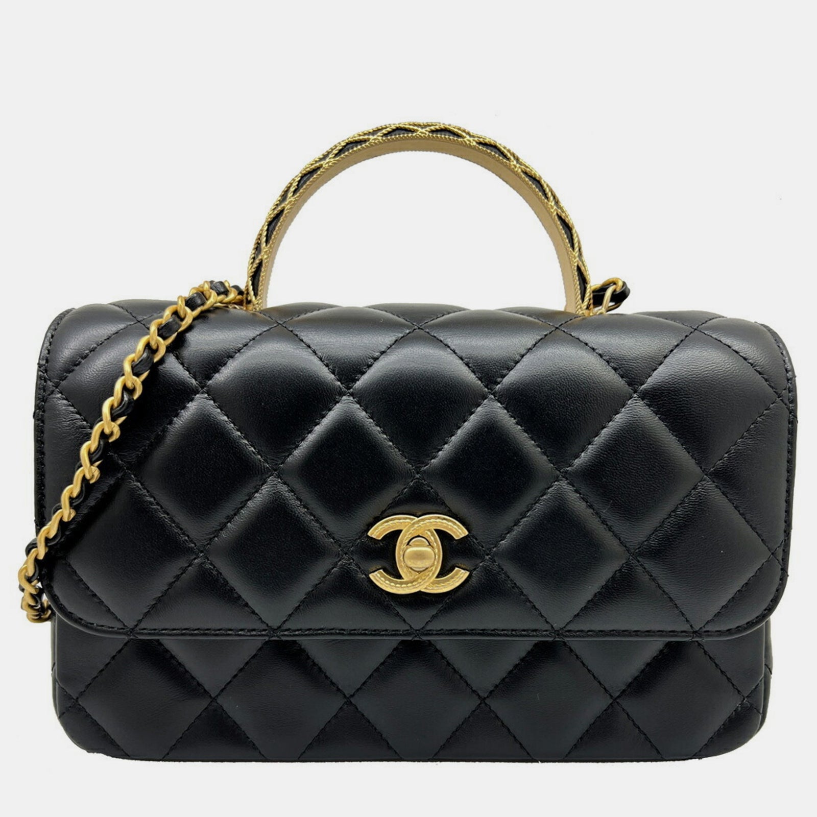 Chanel Schultertasche mit Lambsun-Kette in Schwarz und Gold