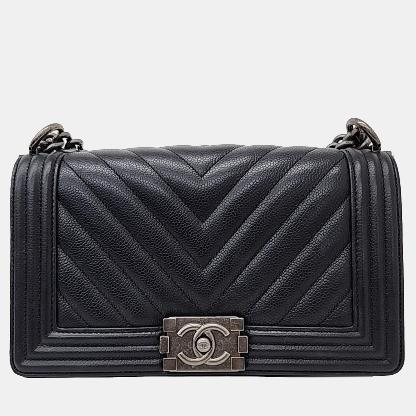 Chanel Black Caviar Chevron Boy Medium Bag