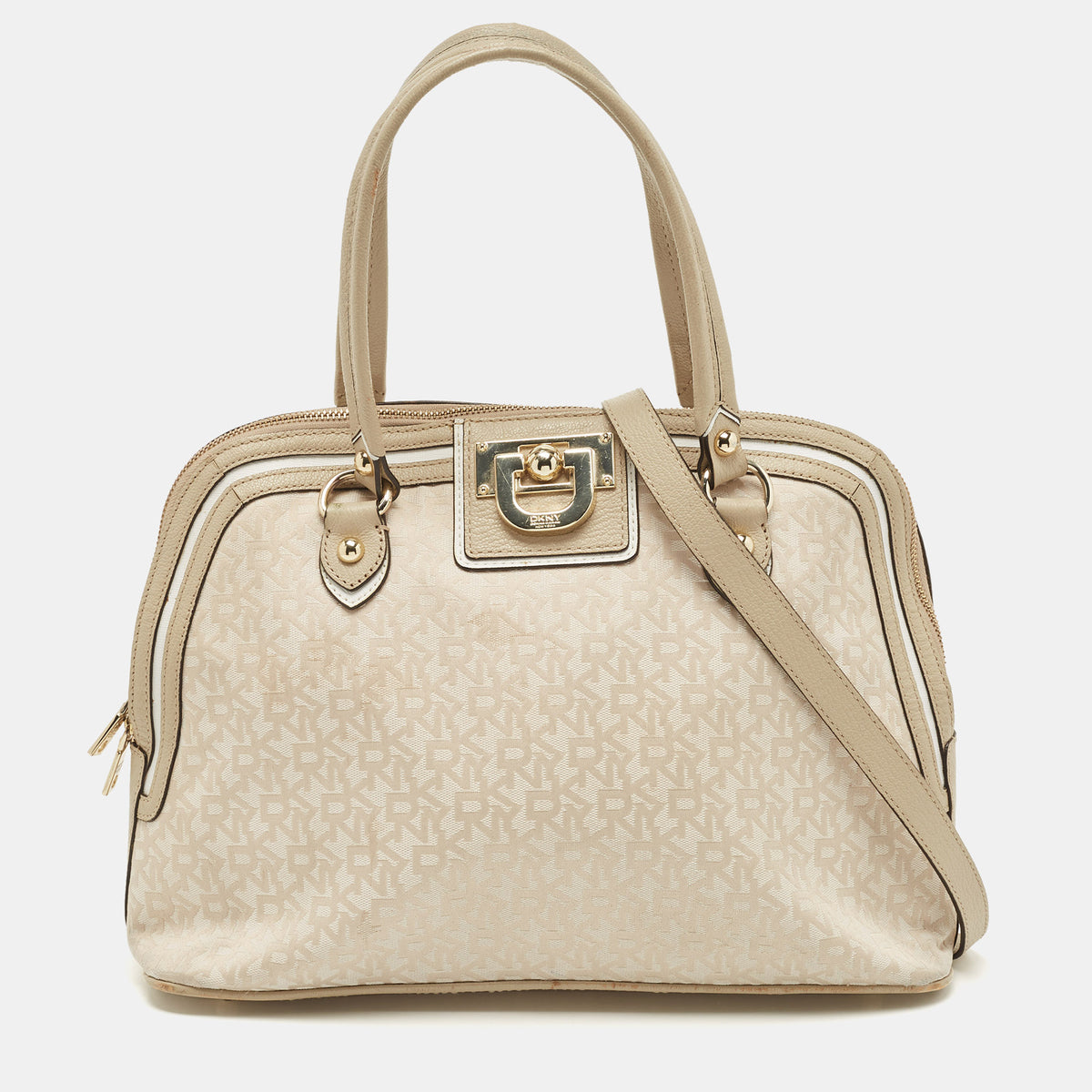 DKNY DKNY Cream/Beige Signature Canvas and Leather Dome Satchel
