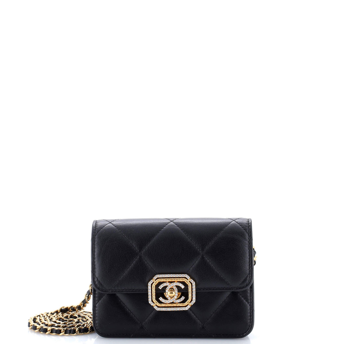 Chanel CHANEL Crystal Geometric Frame CC Clutch with Chain Quilted Calfskin