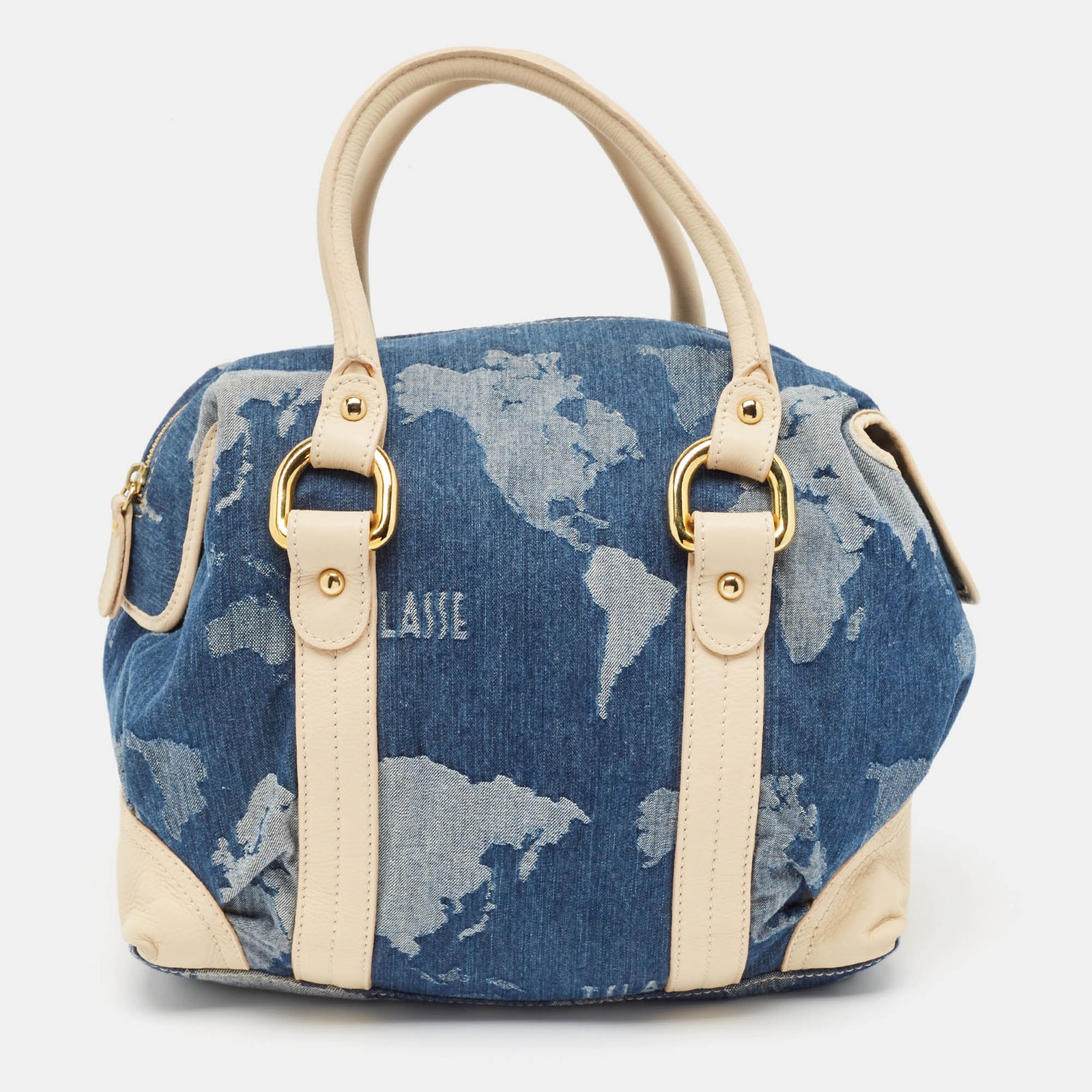 Alviero Martini 1a Classe Blue/Beige Denim and Leather Boston Bag