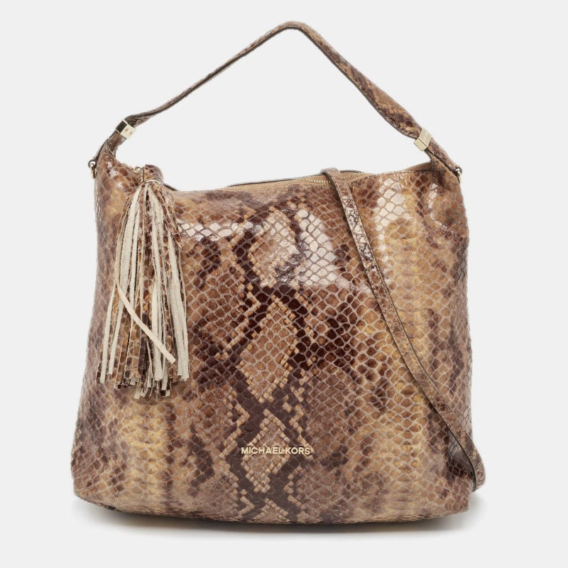 Michael Kors Michael Kors Brown/Black Python Embossed Patent Leather Tassel Hobo