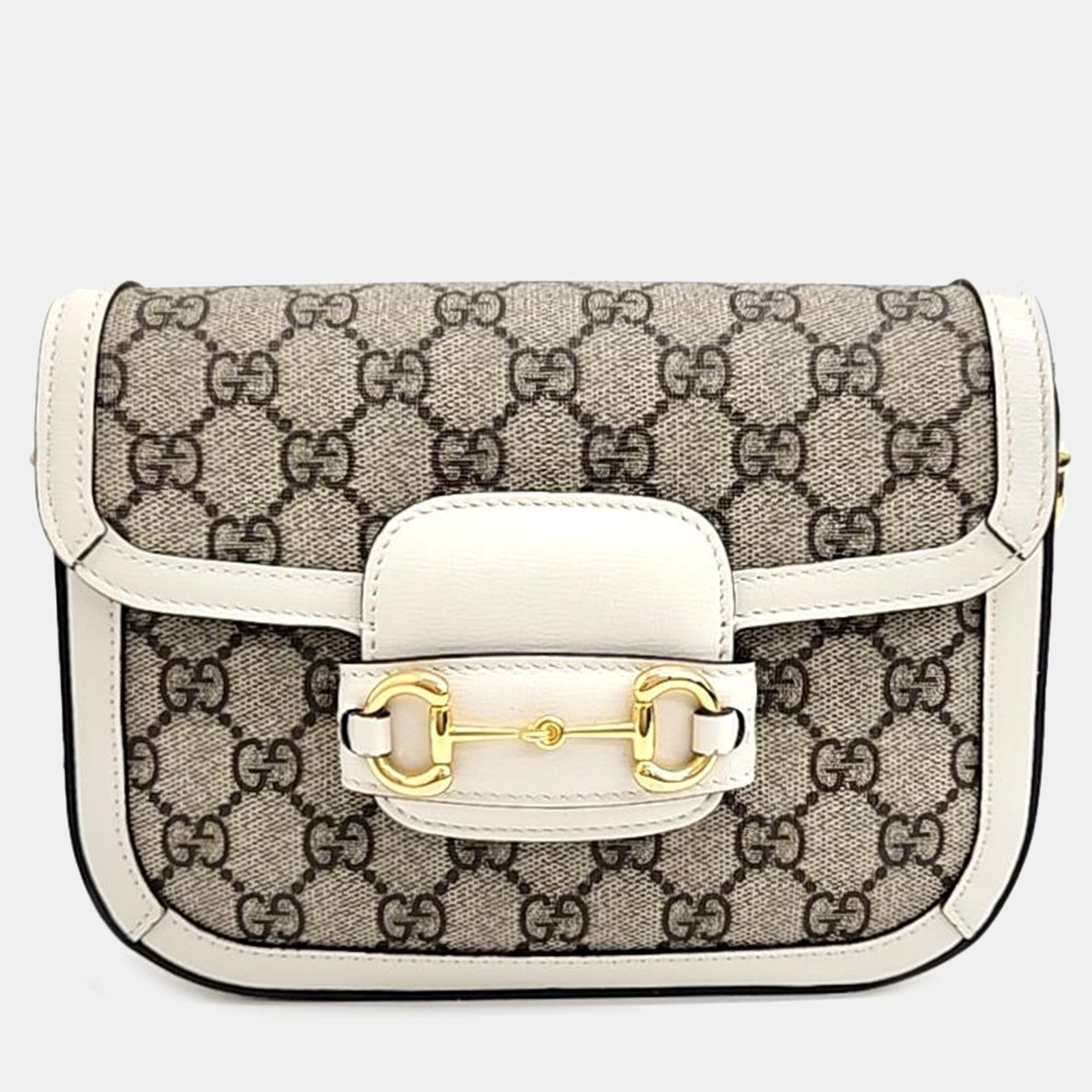 Gucci Beige/elfenbeinfarbene Horsebit 1955 Mini-Tasche aus GG Canvas und Leder